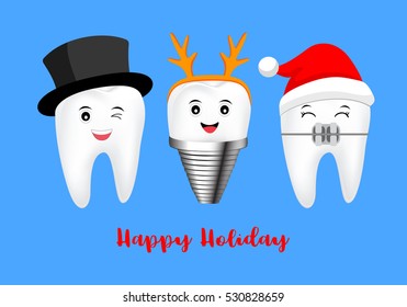 happy cute cartoon tooth. Illustration isolated on blue background. great for celebrate Christmas and Happy Holiday.