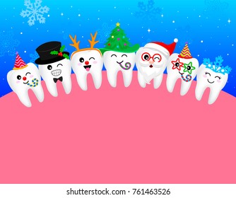 happy cute cartoon tooth  snowflake, Santa Claus, Xmas tree, deer, snowman. great for Christmas celebration. illustration