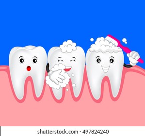 Happy Cute cartoon tooth and toothbrush. Great for dental care concept. Illustration