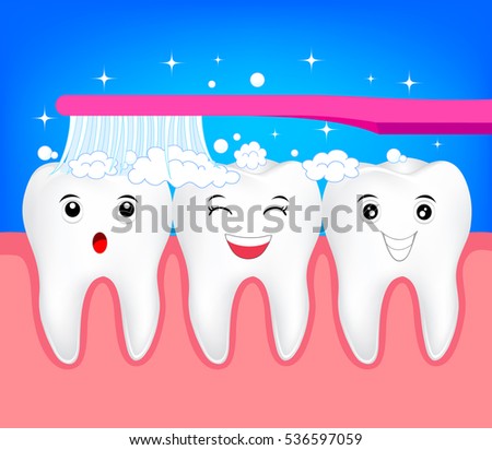 Happy cute cartoon tooth with toothbrush. Illustration for dental healthy care concept.