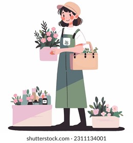 Happy Cute cartoon woman holding a pot of flowers. Flowers shop or plant care concept.