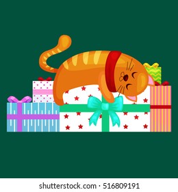 happy cute cat with christmas gifts, kitten with presents box, animal holidays vector illustration