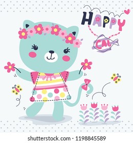 Happy cute cat girl wearing dress holding flower playing in a summer garden on polka dot background illustration vector.