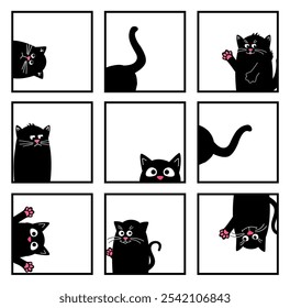 Gato lindo feliz. Buen sentimiento. Gato negro kawaii. Ilustración de dibujos animados de Vector en plano. 