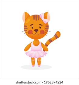 Happy cute cat, kitten character, ballet dancer in pointed shoes and tutu skirt, cartoon vector illustration isolated on white background. Little cat baby animal, ballet dancer, ballerina in tutu