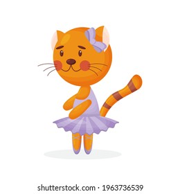 Happy cute cat kitten character ballet dancer in pointed shoes and tutu skirt illustration isolated on white background