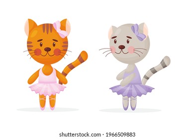 Happy cute cat, kitten character, ballet dancer in pointed shoes and tutu skirt, cartoon vector illustration isolated on white background. Little cat baby animal, ballet dancer, ballerina in tutu. 