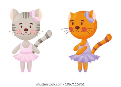 Happy cute cat, kitten character, ballet dancer in pointed shoes and tutu skirt, cartoon vector illustration isolated