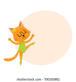 Happy cute cat, kitten character, ballet dancer in pointed shoes and tutu skirt, cartoon vector illustration with space for text. Little cat baby animal, ballet dancer, ballerina in tutu