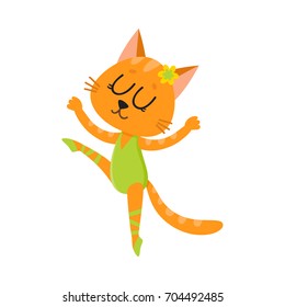 Happy cute cat, kitten character, ballet dancer in pointed shoes and tutu skirt, cartoon vector illustration isolated on white background. Little cat baby animal, ballet dancer, ballerina in tutu