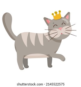 Happy cute cat kitty in crown cartoon animal pet character isolated on white. Flat style vector illustration