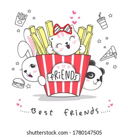 Happy cute cat, rabbit and panda cartoon with french fries on white background illustration vector, Fast food lover poster design.