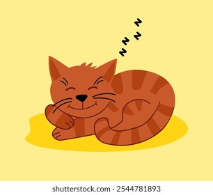 Gato lindo feliz está sentado en casa. Una alfombra acogedora. Una casa acogedora. Ilustración vectorial en un estilo plano. Para imprimir en taza, camisetas o tarjeta de felicitación. 