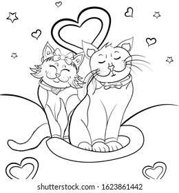 Happy cute Cats Couple in Love coloring book. Black and White Valentines Day Cartoon Cats. Outline Funny Cats Couple in Love with heart. Vector illustration template