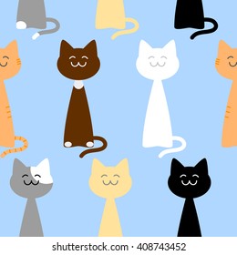 Happy cute cats of different colors seamless pattern against light blue background, vector illustration