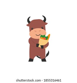 Happy cute character bull with shopping bag. Flat vector cartoon illustration.