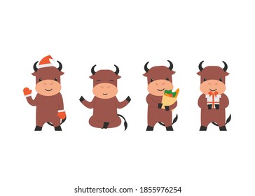 Happy cute character bull waving hoof, doing yoga pose, holds present gift and shopping bag. Flat vector cartoon illustration.