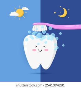 Limpieza de dientes de carácter lindo feliz con el cepillo. Concepto de cepillado de dientes por la mañana y por la noche para la clínica dental de los niños. Diseño de dibujos animados de atención médica y odontología. Ilustración plana de Vector