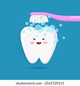 Limpieza de dientes de carácter lindo feliz con el cepillo. Concepto de cepillado de dientes de higiene oral para la clínica dental de los niños. Diseño de dibujos animados de atención médica y odontología. Ilustración plana de Vector