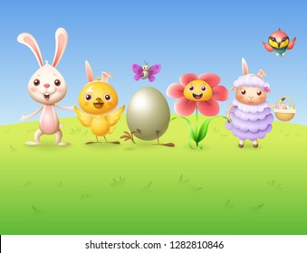 Happy cute characters celebrate spring and Easter