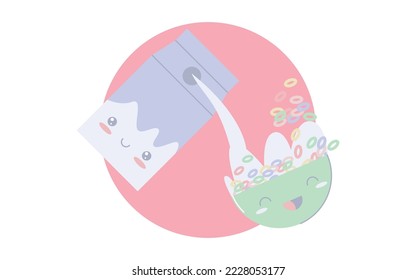 Happy cute characters of milk pack, cereal bowl and cereal box. Pastel colors. Flat vector isolated illustration. White background. Breakfast.