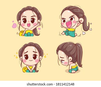Happy cute characters in thai traditional collection cartoon set illustration logo. Premium Vector