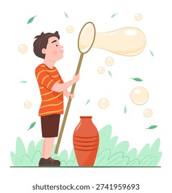 Happy Cute Cheerful Boy Blows Bubbles from Big Bubble Wand in Garden for Playing on Summer Concept Illustration Clip Art