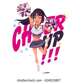 Happy cute cheerleader jumping With Pom-poms . Cheerleader character design - vector illustration