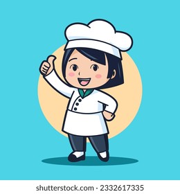 Happy Cute chef girl doing thumb up gesture simple Vector Illustration