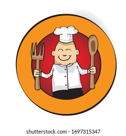 Happy Cute Chef Holding Big Spoon And Big Fork, Vector illustration logo