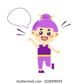 Happy cute chibi girl with speech bubble. Cheerful kawaii character. Colorful vector illustration isolated on white background.