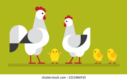 Happy, cute chicken family flat illustration on green background. Hen, cock and chick vector icon set.