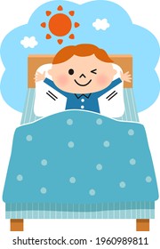 happy cute child boy wake up in the morning , flat vector cartoon illustration