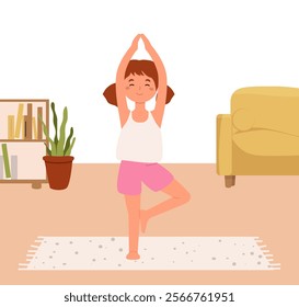 Happy cute child during healthy physical workout, gymnastics training. Little kid doing yoga. Girl doing exercise at home. Vector illustration isolated on white background