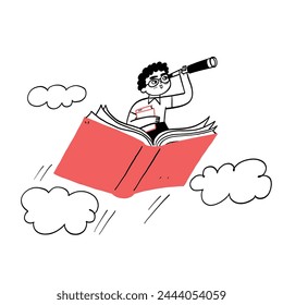 Happy cute child flying on the book on white background. Back to school concept, education, reading. The development of the imagination.