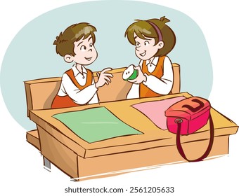 happy cute child kid shares apple with her friend.child student shares her meal with her friend.Child food sharing, vector illustration