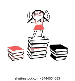 Happy cute child  standing on the tower of books on white background. Back to school concept, education, reading. The development of the imagination.