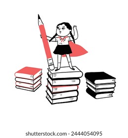 Happy cute child  standing on the tower of books and holding a huge pencil on white background. Back to school concept, education, reading. The development of the imagination.