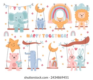 Happy cute childish animals cartoon characters riding magic swings enjoying playful time outdoors vector illustration. Funny smiling elephant, frog, owl, lion, bear, crocodile, snail, hare playing