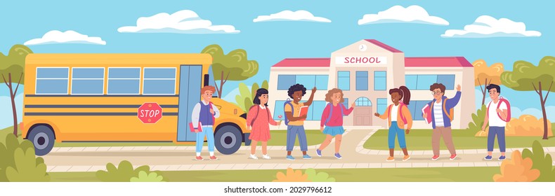 Felices niños lindos de vuelta al colegio después de las vacaciones de verano colorida ilustración vectorial