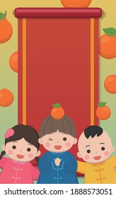 Happy cute children celebrating Chinese New Year, business card with new year elements greeting card and vertical poster