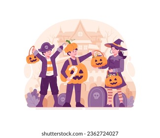 Happy Cute Children Dressed in Halloween Costumes. Pumpkin Disguise, Witch, and Pirate. Trick or Treat Concept