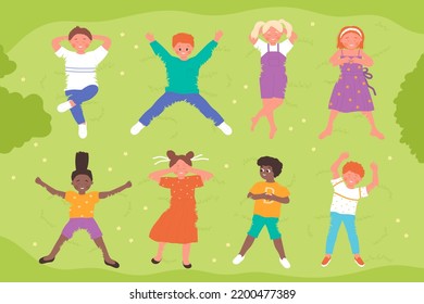 Happy cute children lying on grass in park or garden, top view vector illustration. Cartoon school funny friends characters play on summer or spring day background. Friendship, childhood concept