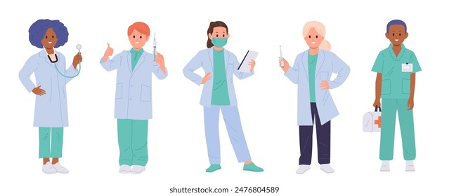 Happy cute children professional doctors cartoon medical characters wearing uniform isolated set