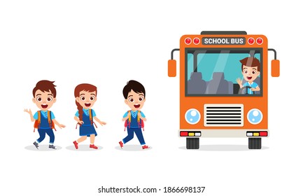 Happy cute children and school bus going to school isolated on white background and waving with colorful bus