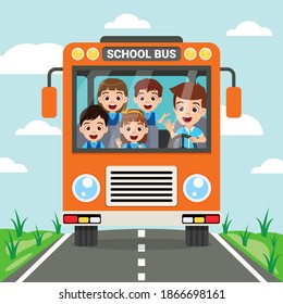 Happy cute children and school bus front view on road with beautiful background with colorful design