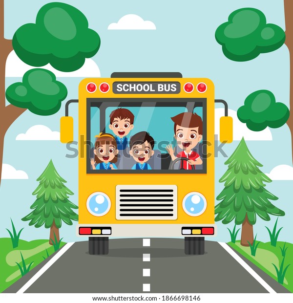 Happy cute\
children and school bus front view on road with beautiful\
background with colorful design and\
trees