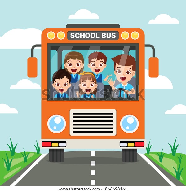 Happy cute children and\
school bus front view on road with beautiful background with\
colorful design
