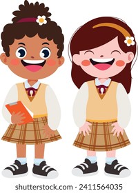 happy cute children in school uniform cartoon style