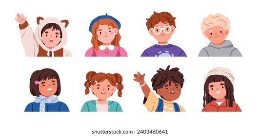 Happy cute children set. Smiling excited girls and boys, head portraits. School kids, child characters, cheerful joyful emotion, face expression. Flat vector illustrations isolated on white background